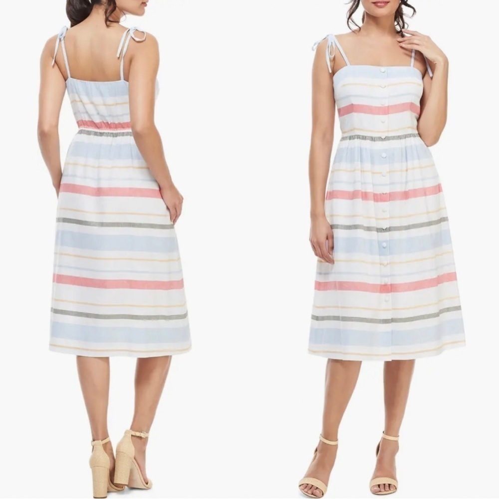 Gal Meets Glam Hattie Stripe Linen Rayon Blend Square Neck Midi Dress Size 8 NEW